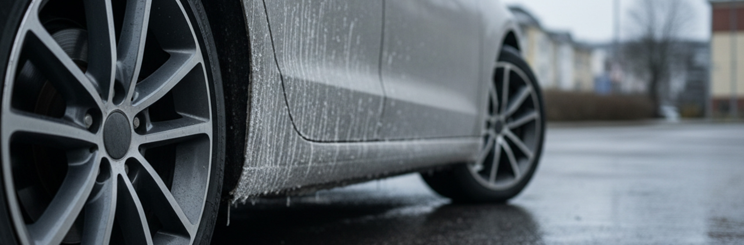 Streusalz-Rueckstaende an Felgen und Unterboden eines Autos nach dem Winter in Braunschweig