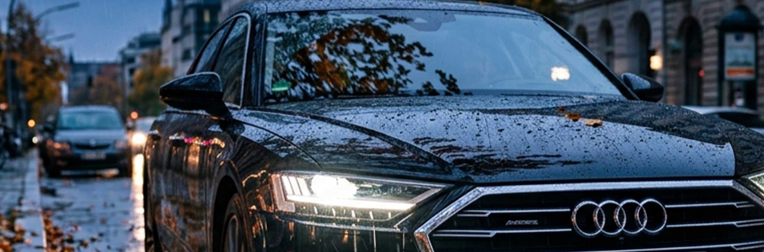 Gepflegtes Auto an einem regnerischen Herbsttag nach professioneller Fahrzeugaufbereitung in Braunschweig