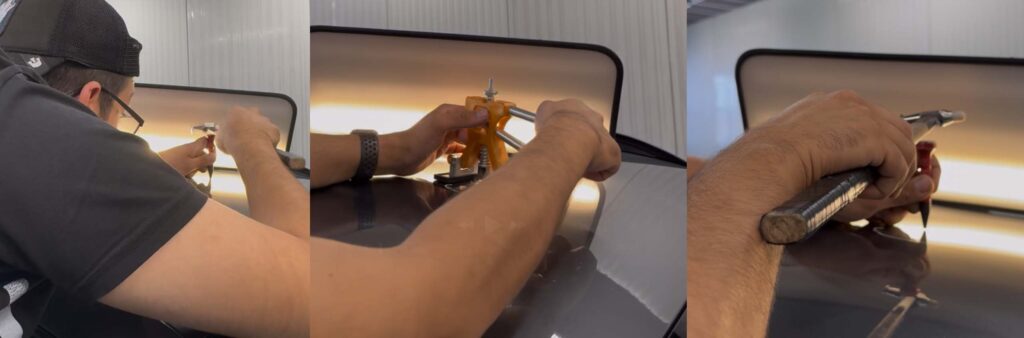 Delle im Autolack vor dem Dellendrücken ohne Lackieren