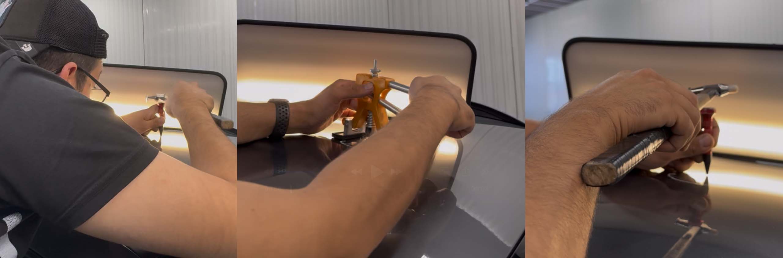 Delle im Autolack vor dem Dellendrücken ohne Lackieren