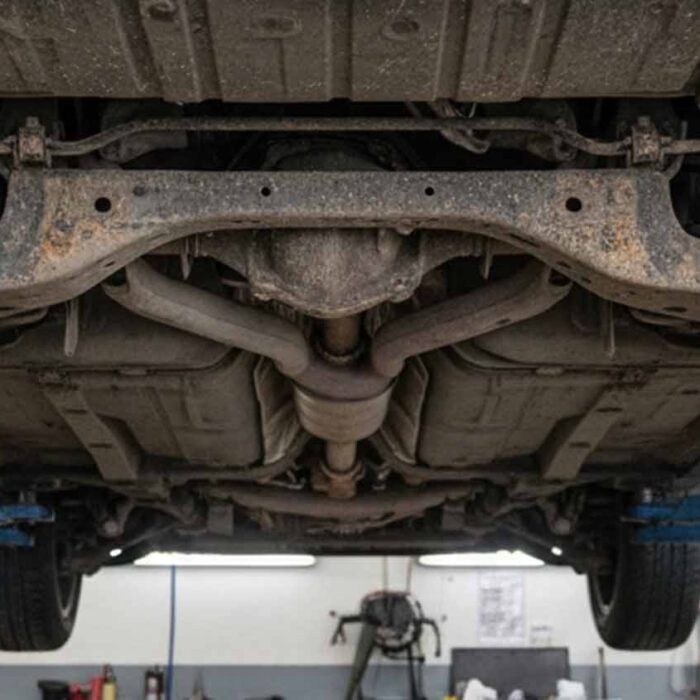 Unterboden eines Fahrzeugs nach dem Winter auf Hebebühne in der Werkstatt mit sichtbaren Streusalz- und Schmutzablagerungen