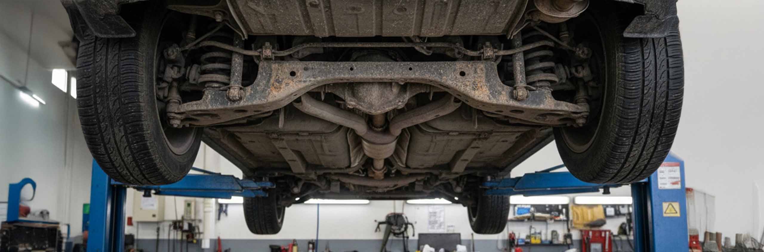 Unterboden eines Fahrzeugs nach dem Winter auf Hebebühne in der Werkstatt mit sichtbaren Streusalz- und Schmutzablagerungen