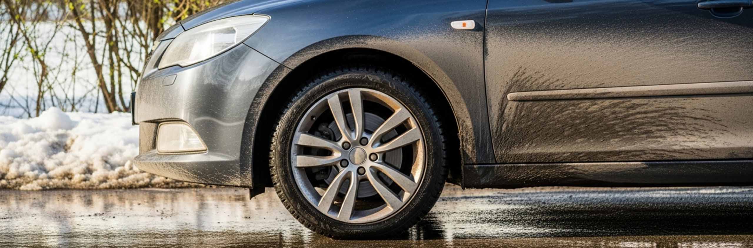 Auto mit leichten Winterspuren und Salzrueckstaenden im Uebergang von Winter zu Fruehjahr vor professionellem Car Detailing in Braunschweig
