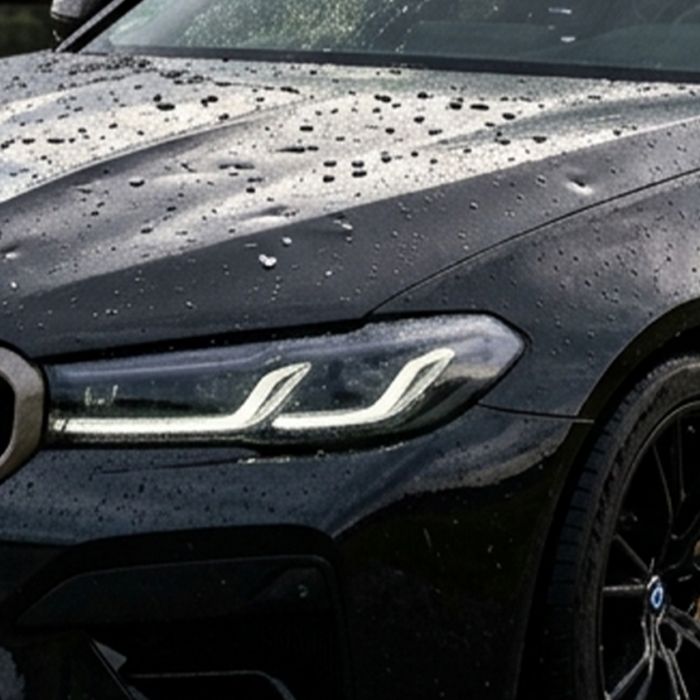 Hagelschäden mit kleinen Dellen auf der Motorhaube eines Autos nach einem starken Sommersturm in Braunschweig