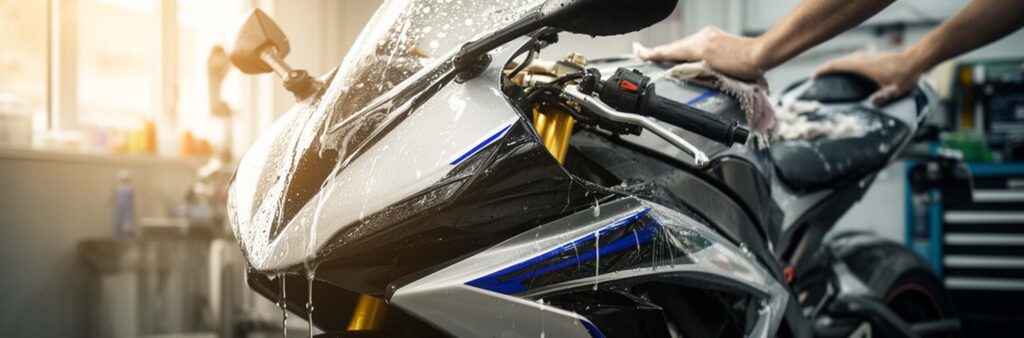 Motorrad nach der Winterpause bei professioneller Pflege im Frühjahr